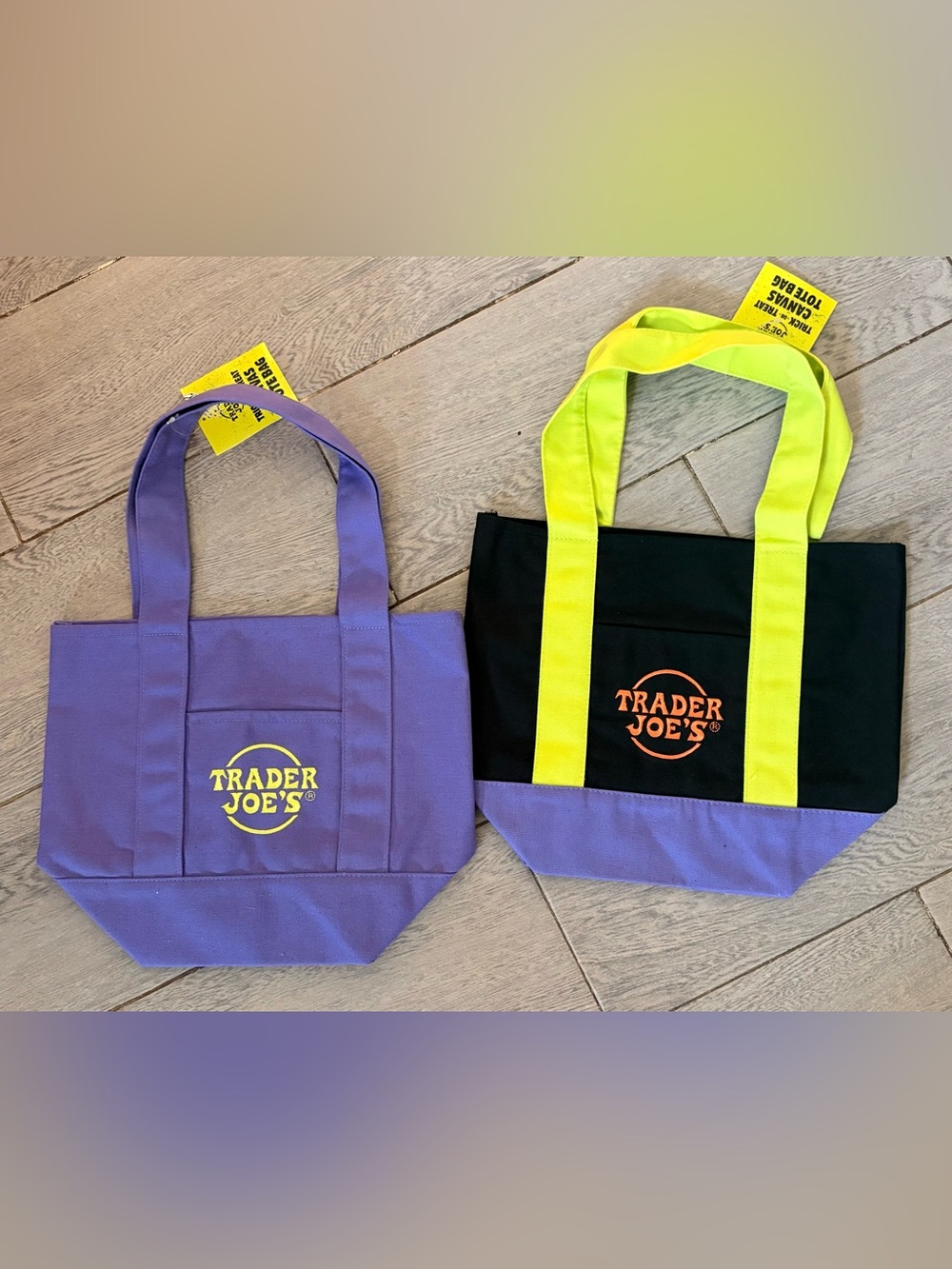 Trader Joe's Mini Canvas Halloween Tote Bags - Set of 2 - Purple and Black/Multi